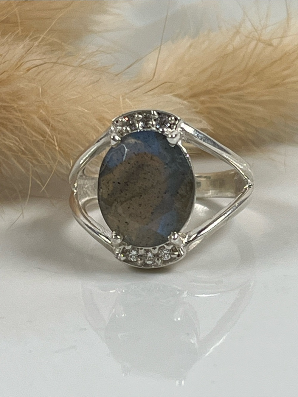 Solid 925 Sterling Silver Labradorite Gemstone Cubic Zirconia Ring Size 6.75